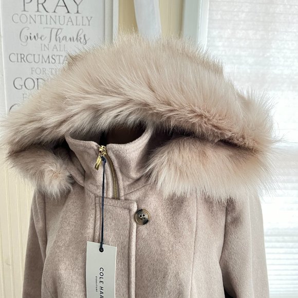 Cole Haan Faux Fur Trimmed Hooded Coat sz 8 NWT - Picture 6 of 11